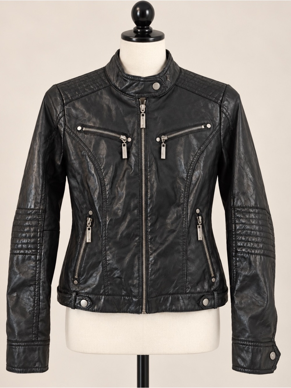 Black Vegan Leather Moto Jacket Quilted Zip F2 by Jou Jou Small